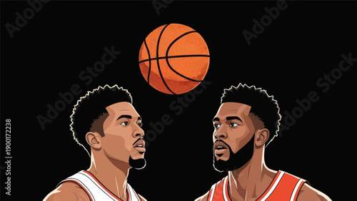 Basketball players focused on the game with ball above vector illustration