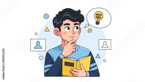 Young man thinking with new idea lightbulb above open book