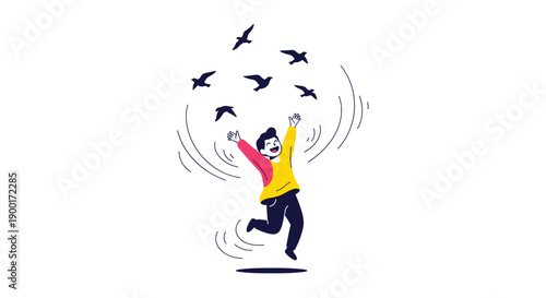 Energetic man leaping with arms outstretched in joy as birds fly freely above, symbolizing freedom and happiness.