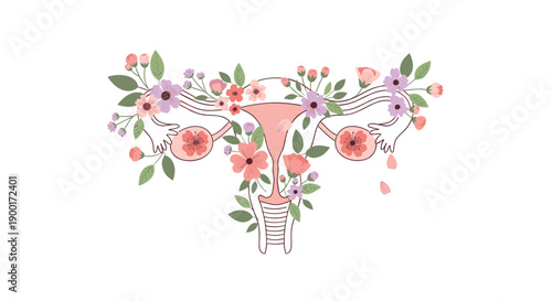 Delicate illustration of the female reproductive system adorned with vibrant flowers, symbolizing fertility, health,