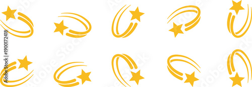 Yellow star trail icon set. Shooting star motion symbols, golden falling star vector elements, flying comet trails, glowing star swoosh shapes for gaming reward and achievement interface.