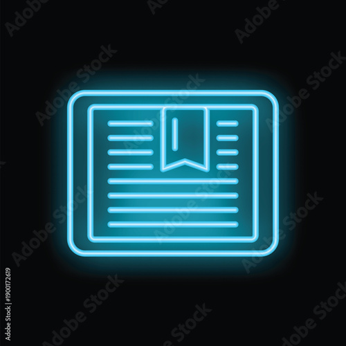 Neon blue icon of an e reader is glowing on a black background