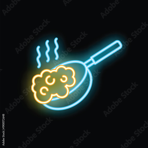 Glowing neon line icon of a frying pan cooking food, perfect for a restaurant menu or food blog