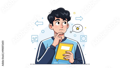 Young man thinking with notebook dream idea concept illustration