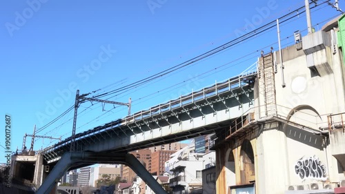 City train traveling across railway bridge in Tokyo