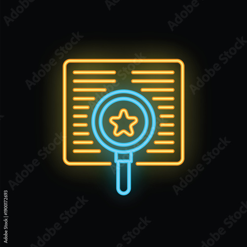 Neon glowing icon of a magnifying glass inspecting a website page, searching for positive star reviews