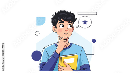 Young man thinking with notebook idea concept illustration on white
