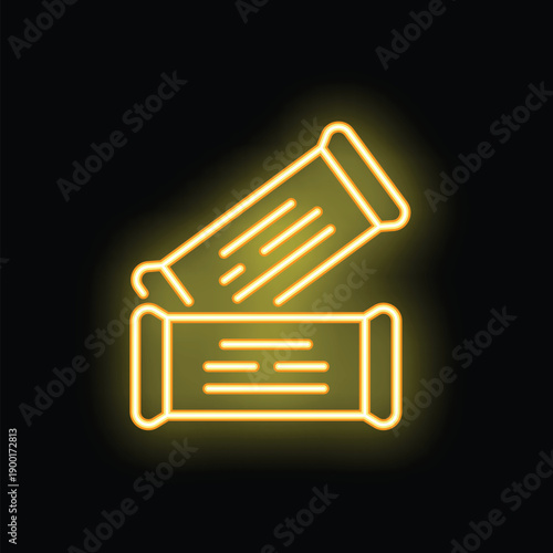 Yellow neon sign representing two tickets glowing on a black background