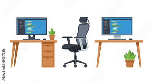 Efficient office setup with two individual desks, computers displaying code, an ergonomic chair, and small potted