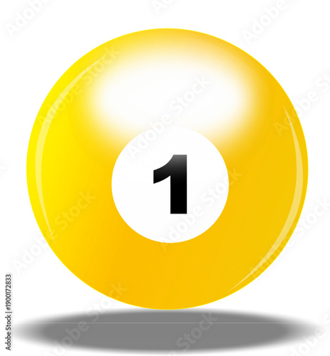 3D illustration of a bright yellow number 1 billiard ball on a clean white background with a soft shadow at the bottom