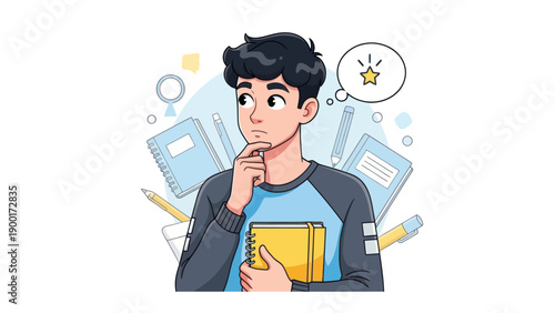 Young man thinking with notebooks and pencils illustration design