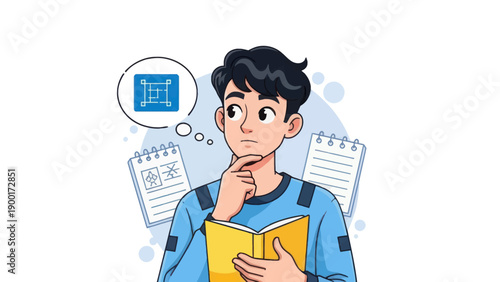 Young man thinking with notebooks and planning icon cartoon illustration