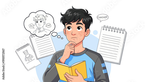 Young man thinking with notebooks and thought bubbles illustrative concept