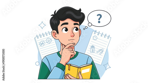 Young man thinking with question mark above head illustrated in a cartoon style