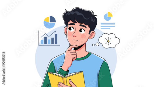 Young man thinking with charts and graphs vector illustration concept