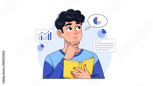 Young man thinking with charts and book vector illustration