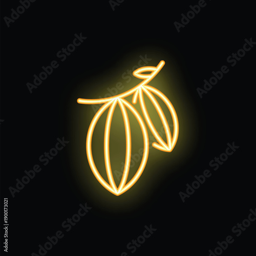 Neon sign representing cocoa fruit growing on branch with leaves, glowing yellow on black background