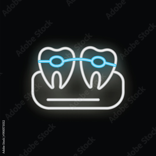 Glowing neon icon representing teeth alignment with braces, perfect for dental clinics and orthodontists