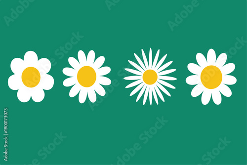 Daisies on Green Background. Cute Chamomile Daisy Flower Collection, Round Floral Plant Icons Love Card Symbol Vector . Spring Summer Decoration Elements