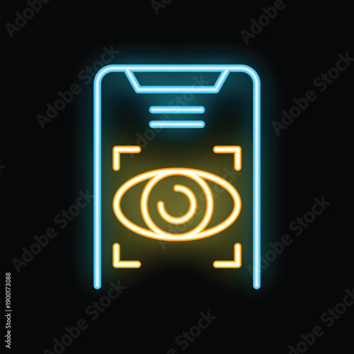 Smartphone scanning eye with facial recognition software neon icon illustration