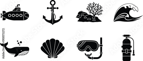 Diving icon set scuba anchor sea creature and equipment symbols