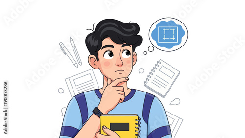 Young man thinking with design idea above surrounded by stationary elements