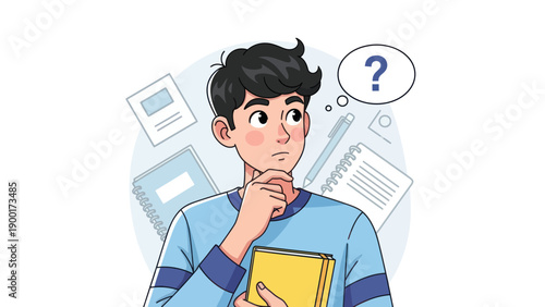 Young man thinking with question mark in thought bubble illustration