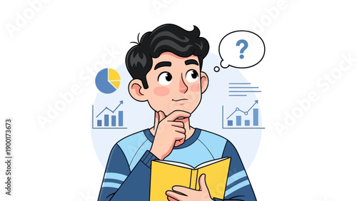 Young man thinking with question mark reading book and analyzing charts