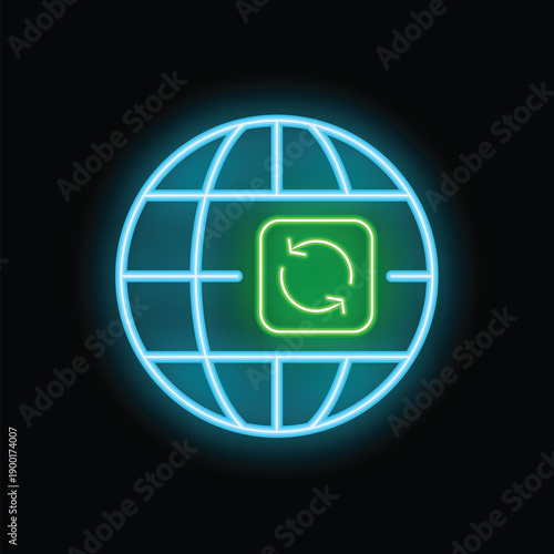 Neon icon of planet earth showing recycling symbol for environmental protection, global recycling efforts, and sustainable development