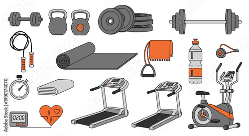 Extensive collection of diverse gym and fitness equipment, including weights, treadmills, and exercise bikes, for a