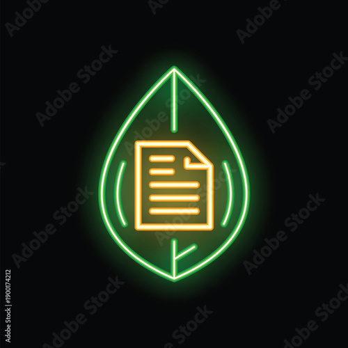 Vibrant neon sign depicting a green leaf encompassing a digital document, symbolizing sustainable and environmentally responsible business operations