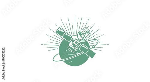 satellite orbiting green planet with solar panels