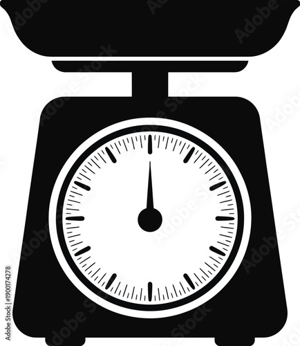A minimalist black and white line drawing of a classic kitchen weigh scale with a prominent dial for precise measurement, symbolizing balance and accurate portioning