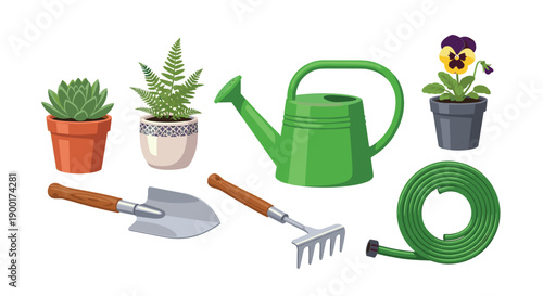Assortment of vibrant gardening tools and potted plants arranged on a clean white background with bright studio