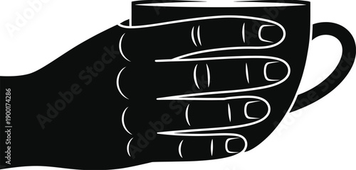 A minimalist black and white logo design featuring a stylized hand holding a cup, perfect for beverage industry branding, cafe menus, and simple graphic elements