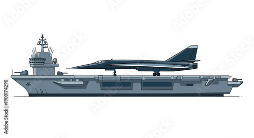 Modern fighter jet parked on a large grey aircraft carrier deck, ready for naval operations against a clear background.