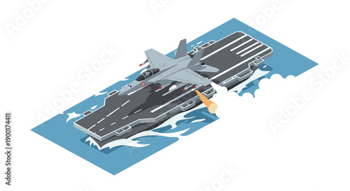 Overhead isometric view of a powerful fighter jet launching from an aircraft carrier with an orange exhaust plume over