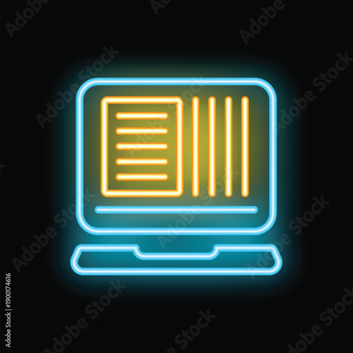 Glowing neon icon of a laptop displaying a spreadsheet and a text document, suggesting data analysis and report writing