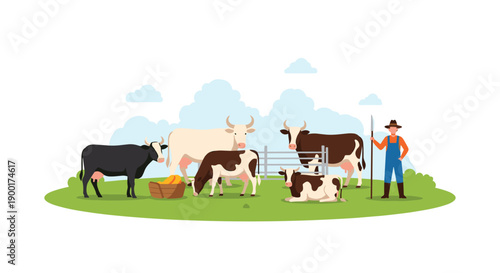 Five domestic cows and a farmer in a lush green pasture under a clear sky with fluffy white clouds.