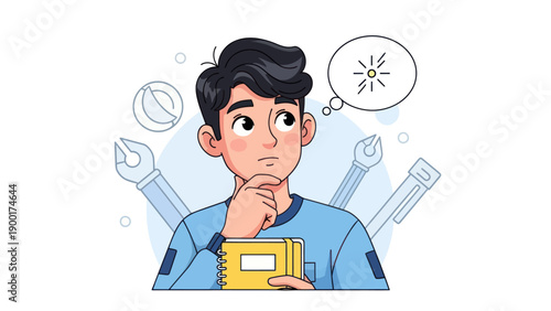 Young man thinking with thought bubble and illustration elements background