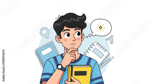 Young man thinking with thought bubble and notebooks illustration concept