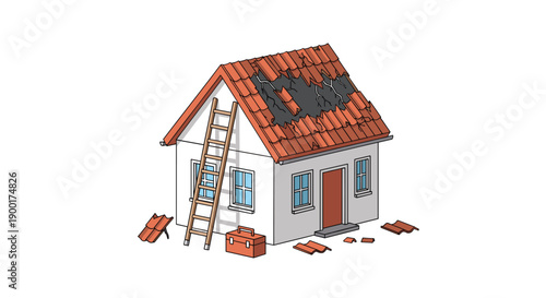 Small damaged house with a broken tile roof, a ladder, and a toolbox, signifying urgent home repairs.