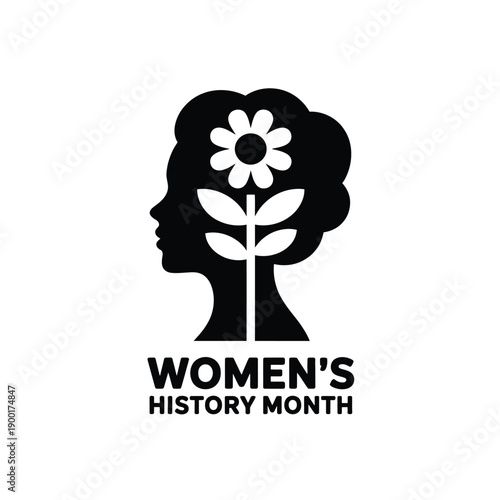 Womens History Month logo with flower growing out of womans head silhouette