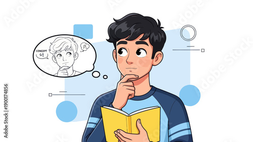 Young man thinking with thought bubble book and abstract elements
