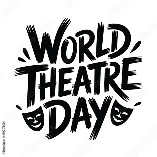 World Theatre Day illustration with comedy tragedy masks and brush strokes