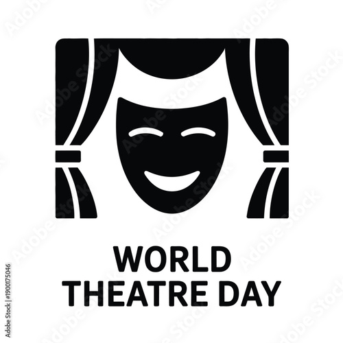 World Theatre Day celebration logo with comedy mask and curtains