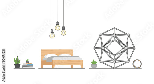 Minimalist bedroom interior featuring a wooden bed, suspended light bulbs, potted plants, and a unique geometric