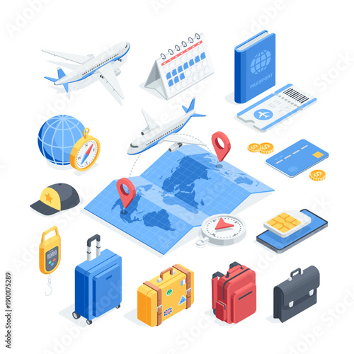 Isometric vector icon set on the topic of flights and vacations, in color on a white background, featuring an airplane over a map and passport with ticket, as well as luggage and phone with SIM card