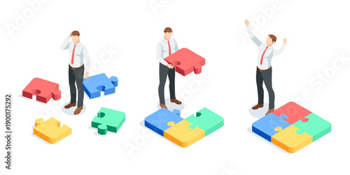 Isometric vector business man assembling a puzzle, in color on a white background, solving a work task or completing a job
