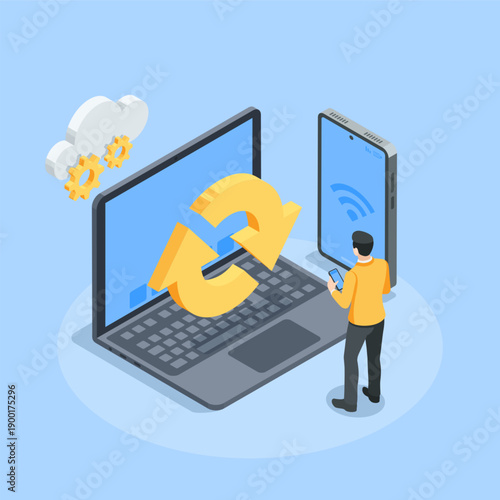 An isometric vector man standing near a laptop and a smartphone that are synchronized with each other, in color on a blue background, device ecosystem or data exchange